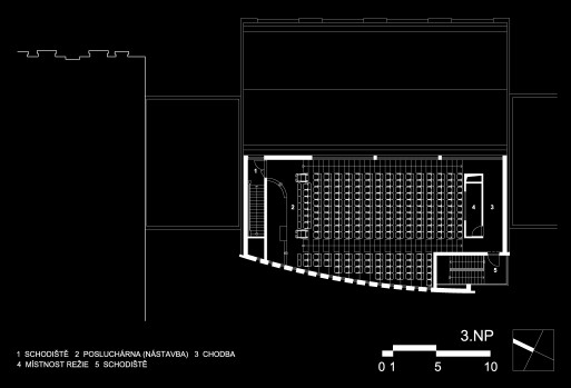 nástavba s novou posluchárnou včetně místnosti pro režii, přístupnou pohledově exponovaným schodištěm